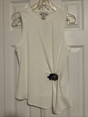 Rachel Zoe White Asymmetrical Tank Top with Black Decorative Brooch
